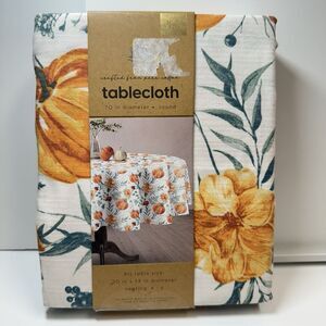 From The Hearth 100% Cotton Orange Floral Fall Pumpkin 70” Round Tablecloth New